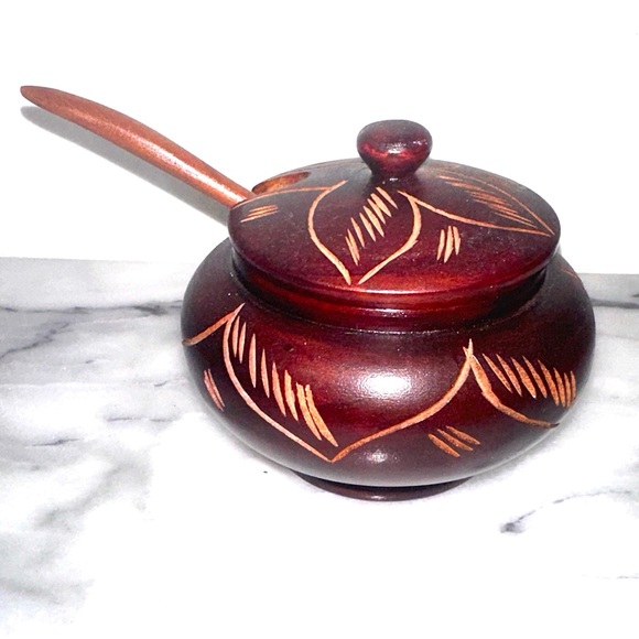 Handcrafted Wooden Japanese Style Sugar or Spice Bowl with and Lid Spoon Carved - Picture 1 of 11